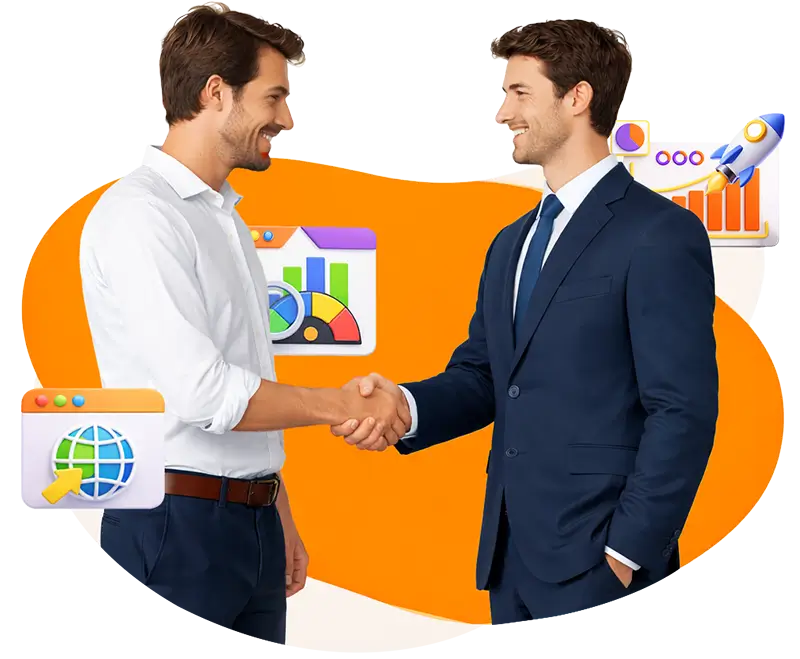 Two businessmen shaking hands in front of growth charts and a rocket.