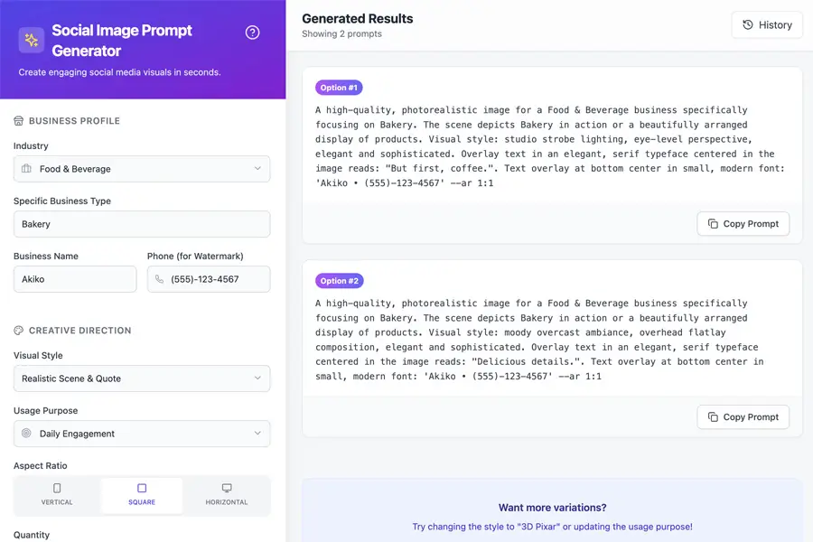 Screenshot of the Image Prompt Generator tool, showing prompt options for a bakery called Akiko.