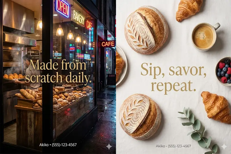 Bakery window display with fresh bread and pastries, "Made from scratch daily." Sourdough, croissant, and coffee. "Sip, savor, repeat.