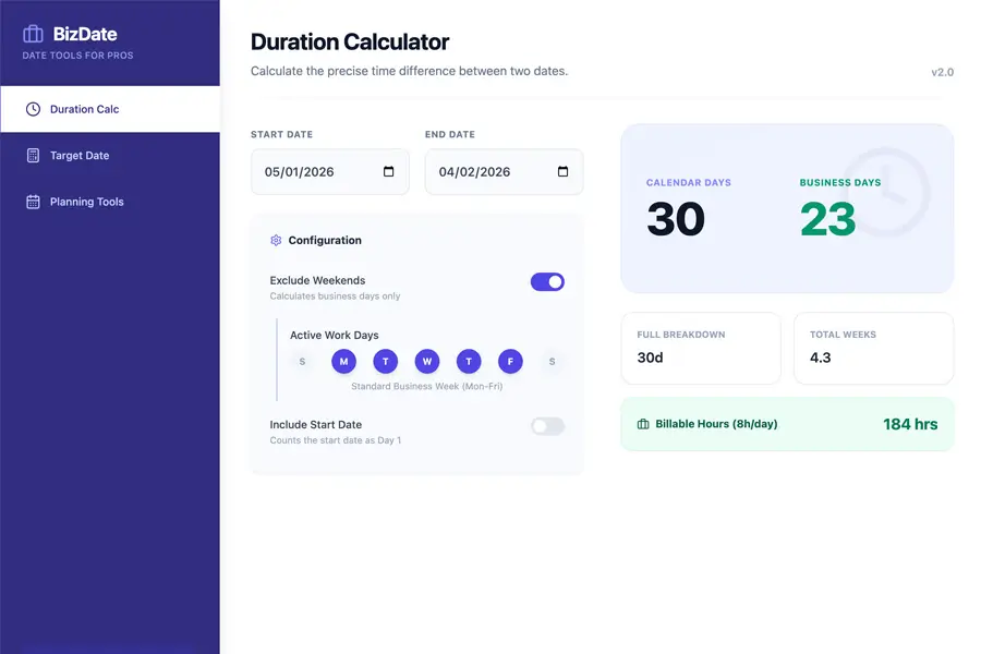 BizDate's Duration Calculator interface showing the time difference between two dates, with options for excluding weekends.
