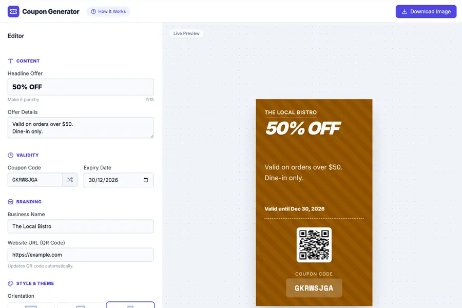 Coupon generator interface showing a 50% off coupon for The Local Bistro, valid until 12/30/2026.