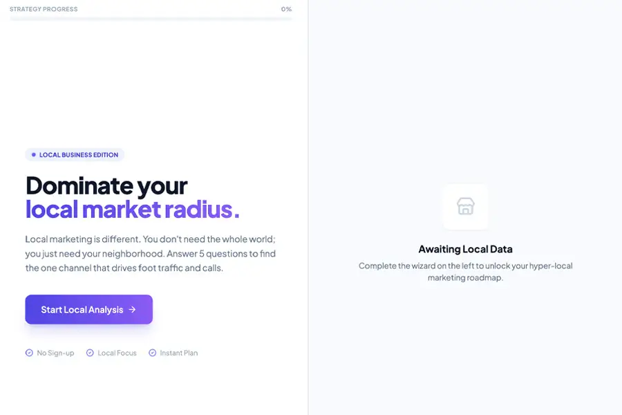 Local business marketing analysis screen: "Dominate your local market radius." Awaiting local data after completing the wizard.