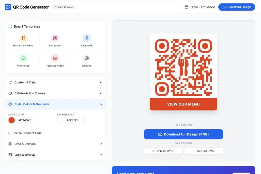 QR code generator interface with restaurant menu template and customization options.