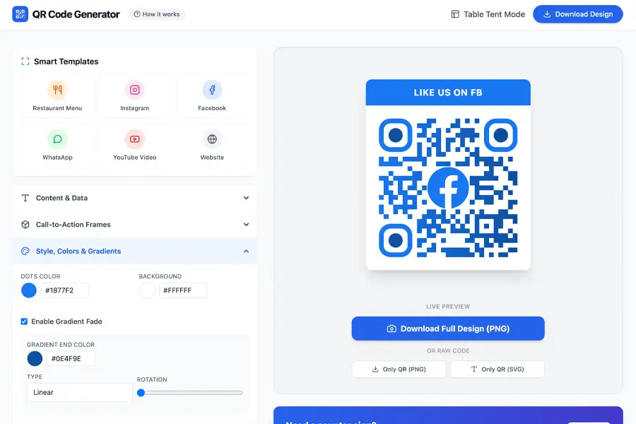 QR code generator interface displaying a Facebook "Like Us" QR code with customizable styles and colors.