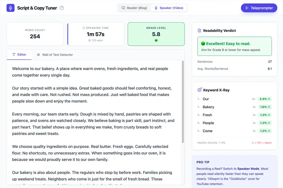 Script & Copy Tuner screenshot showing readability analysis of bakery copy, grade level 5.8.