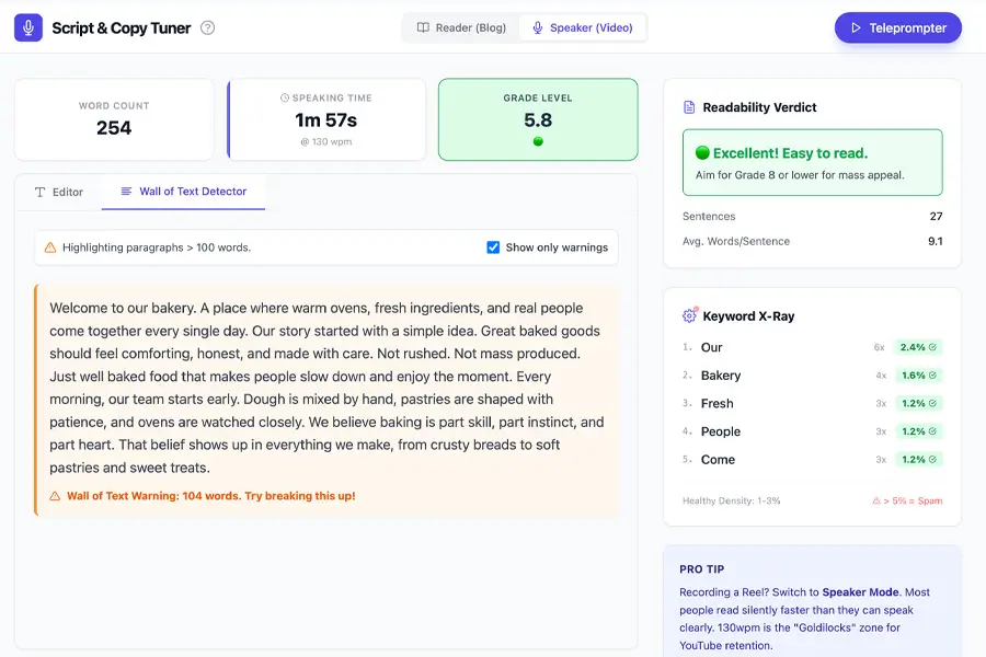 Script & Copy Tuner analysis: Text with word count, speaking time, grade level, and readability verdict.