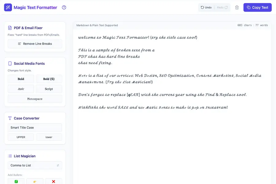 Magic Text Formatter interface showing text editing tools. "Welcome to Magic Text Formatter!