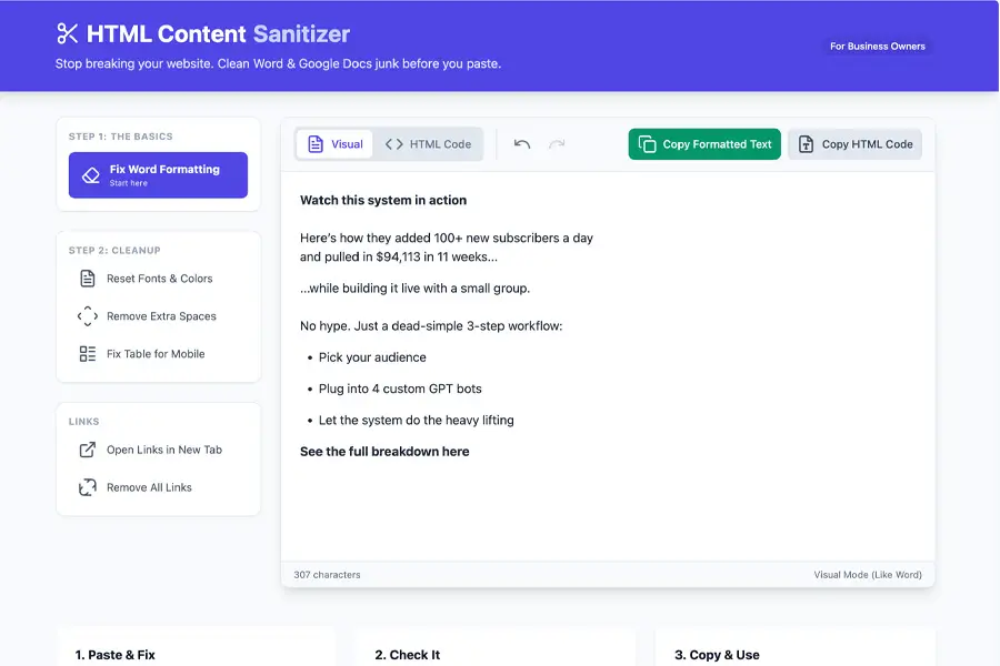 Screenshot of the HTML Content Sanitizer tool interface, showing text formatting options and a sample text input.