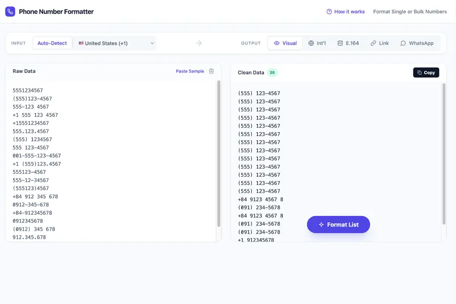 Screenshot of a Phone Number Formatter tool with raw and clean data examples.