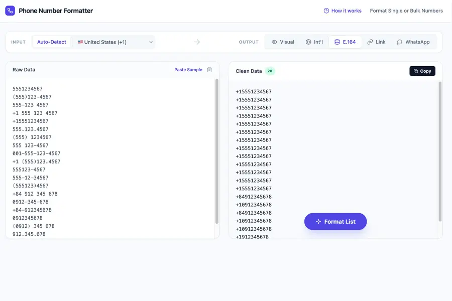 Screenshot of a phone number formatter tool showing raw and cleaned data in E.164 format.