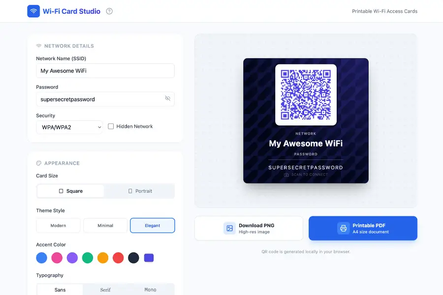 Wi-Fi card generator interface with network details, QR code, and download options for printable Wi-Fi access cards.