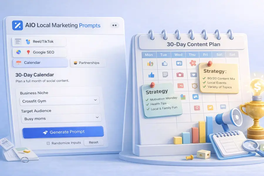 AIO marketing prompt generator with 30-day content calendar for social media planning.