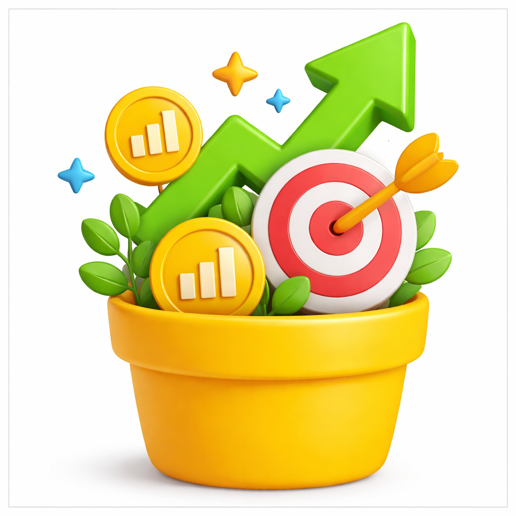 Growth concept: Arrow hitting target, coins with rising graph, in a flowerpot.