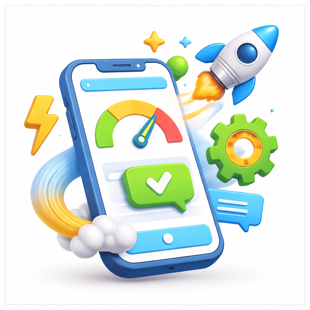 Phone with speed gauge, rocket, and checkmark. Web design optimization concept.