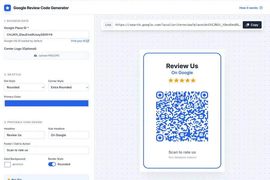 Google Review QR code generator interface with a customizable QR code and card design.