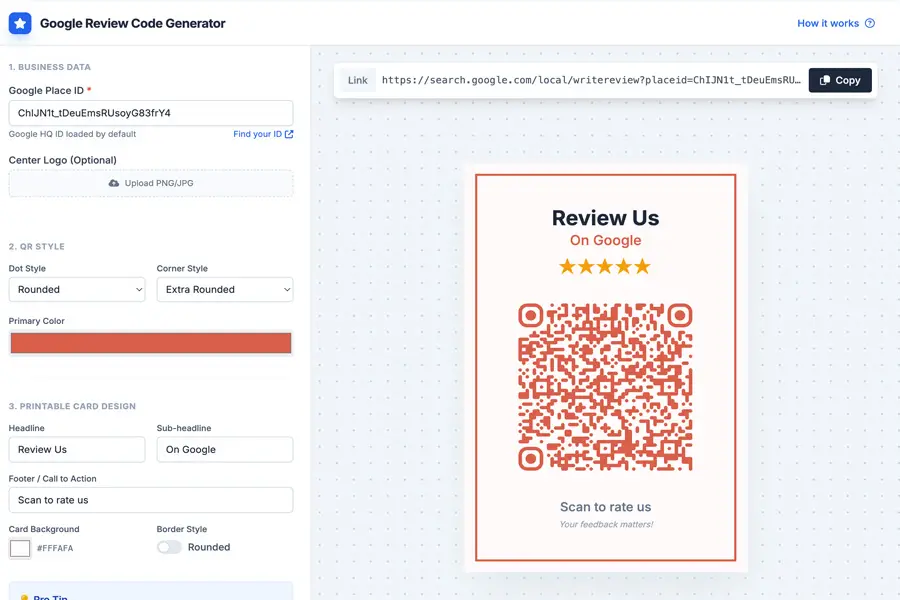 Google Review QR code generator with "Review Us on Google" text and a QR code to scan for customer feedback.