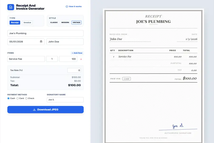 Receipt/Invoice Generator example showing a vintage-style receipt for Joe's Plumbing with service fee and total of $100.
