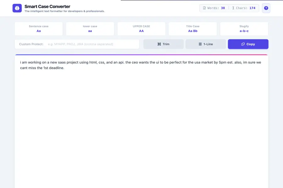 Smart Case Converter tool displaying text in the editor with options for sentence case, lowercase, and uppercase.