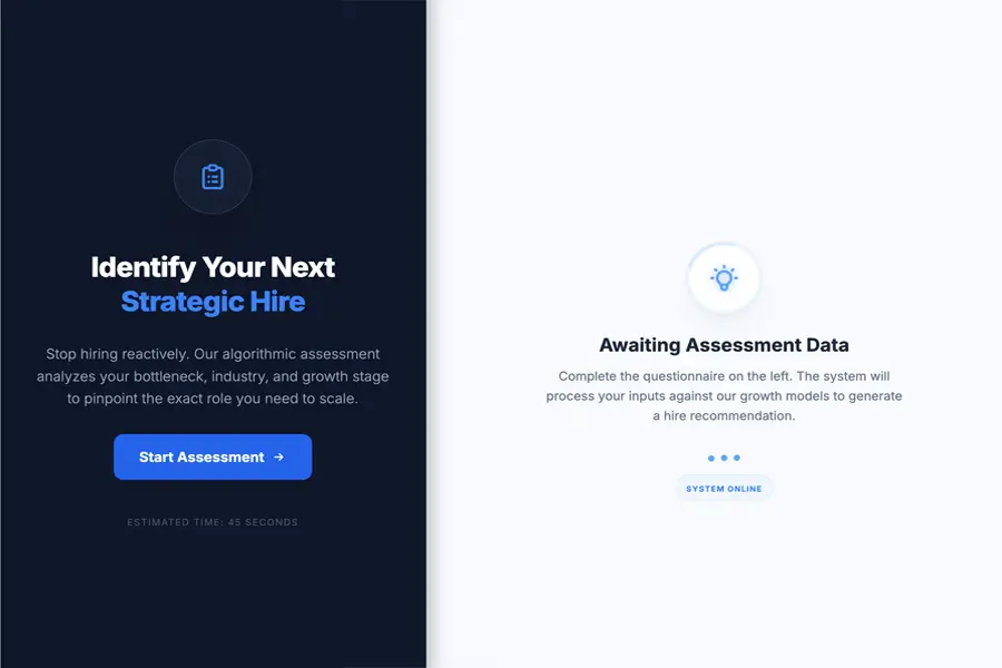 Strategic hire assessment tool interface with "Identify Your Next Strategic Hire" text.
