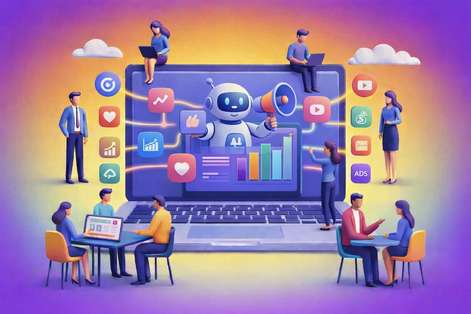 AI marketing automation: Team collaborating on local marketing services with central chatbot and digital icons.