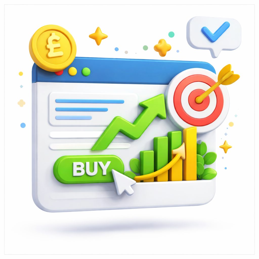 Web design graphic: rising graph, target, buy button, pound coin.