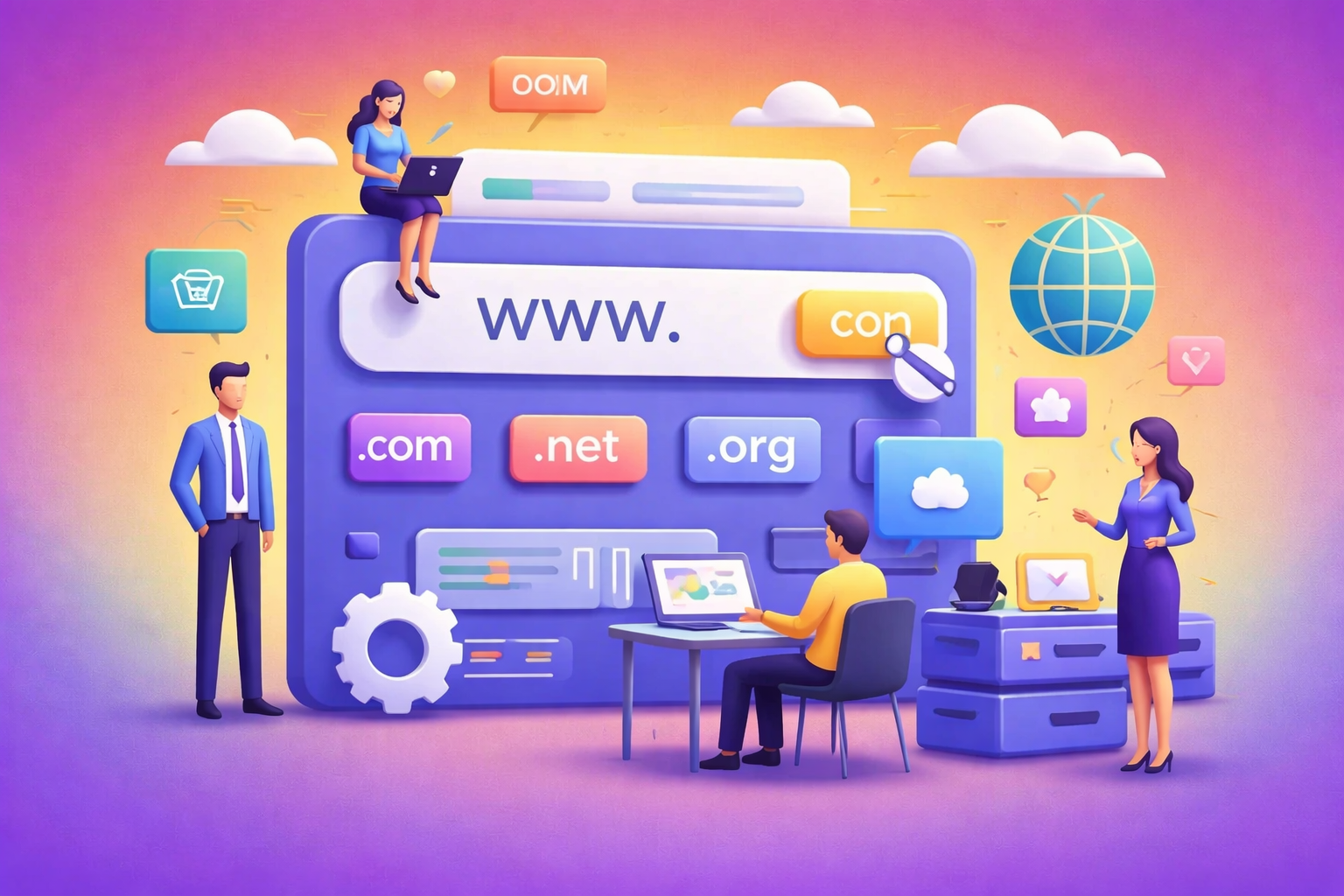 domain-registration Website domain registration concept with people, gear, and .com, .net, .org options.