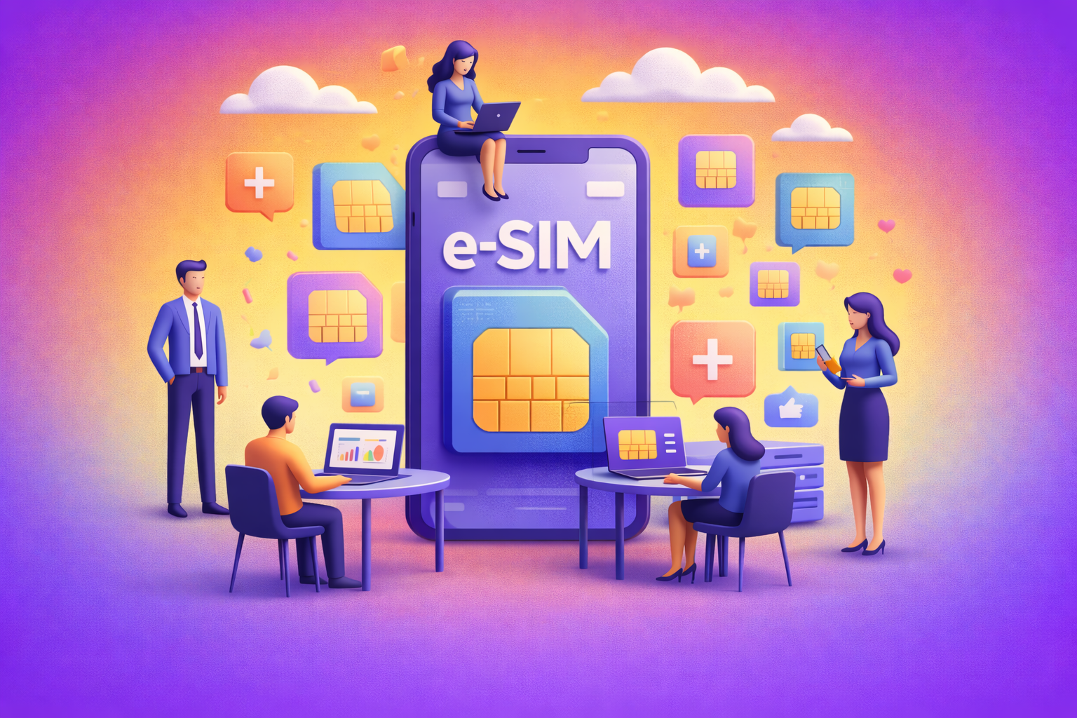 e-SIM concept: People using laptops around a large phone displaying "e-SIM".