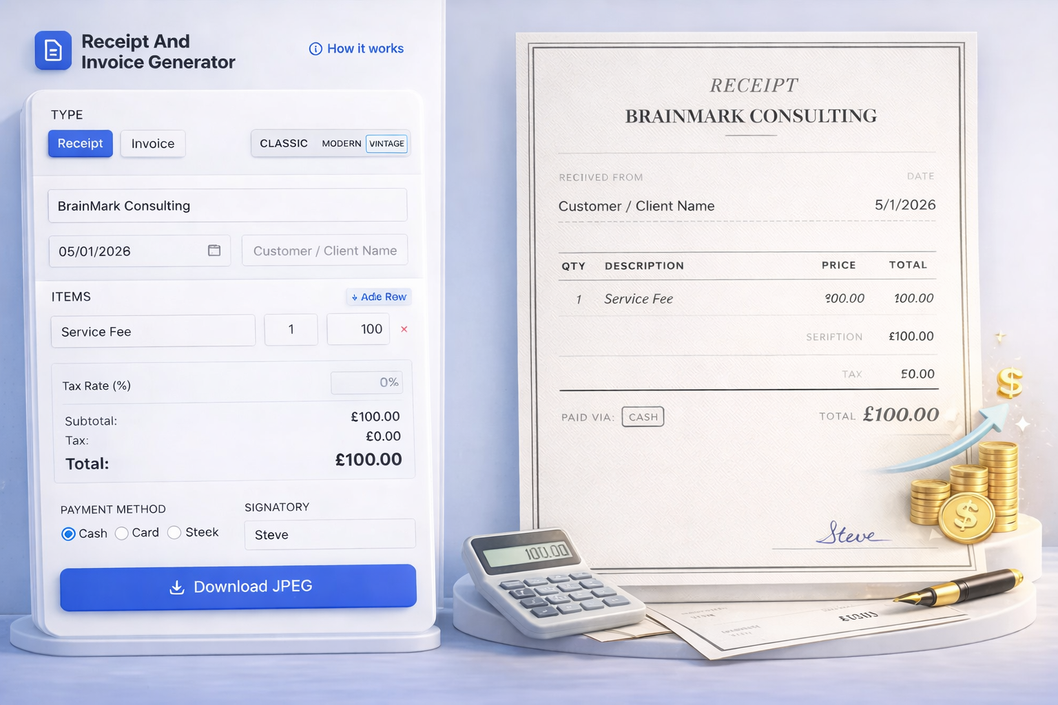 Receipt and invoice generator