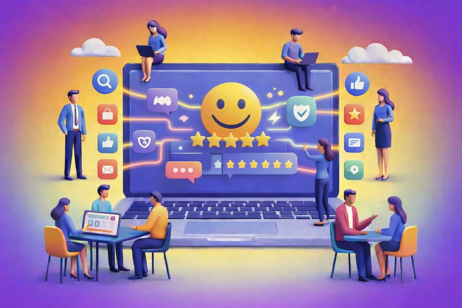 reputation management Local marketing services illustration: People interacting with a laptop displaying a smiley face and five-star rating.