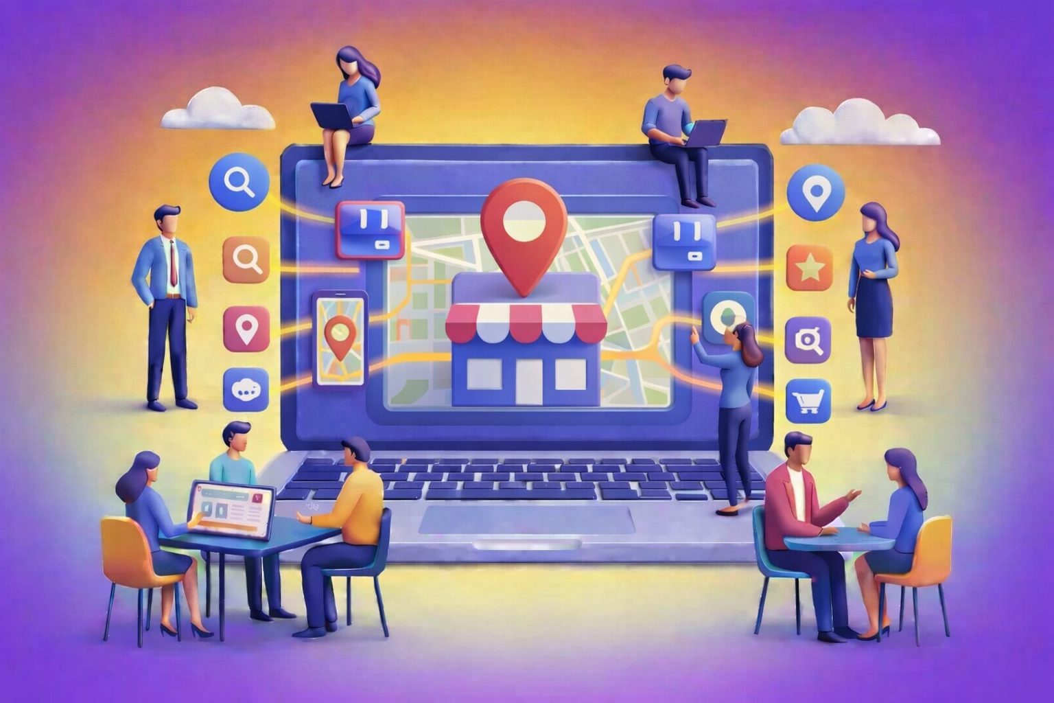 Local marketing services illustration: Laptop showing map with store pin, people using devices, icons.