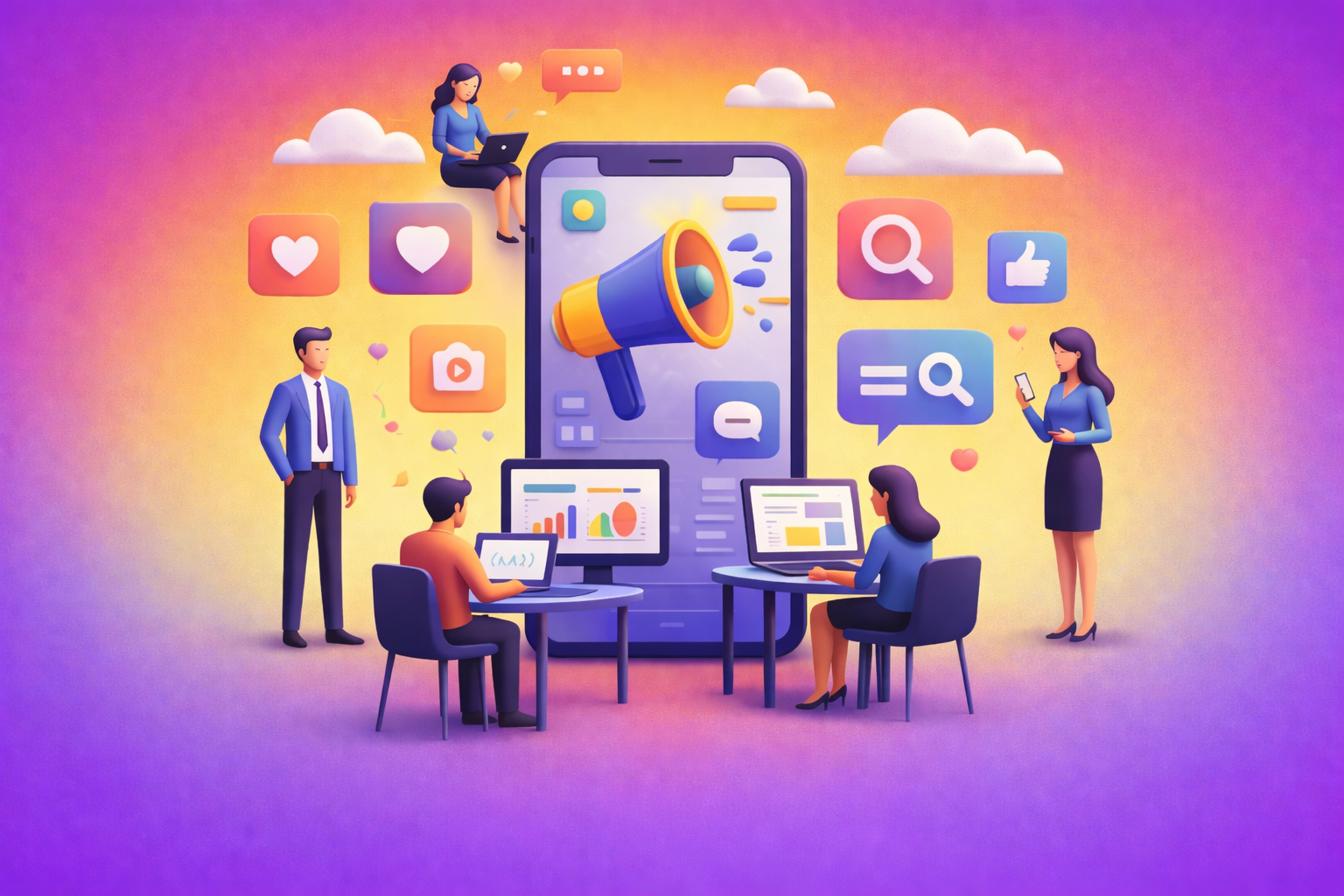 smm Local marketing services illustration: team working on social media marketing, phone with megaphone icon.