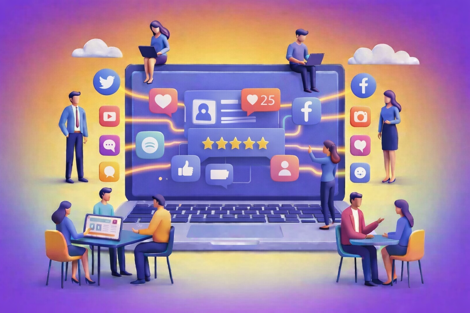 Laptop surrounded by social media icons and people, representing local marketing services.