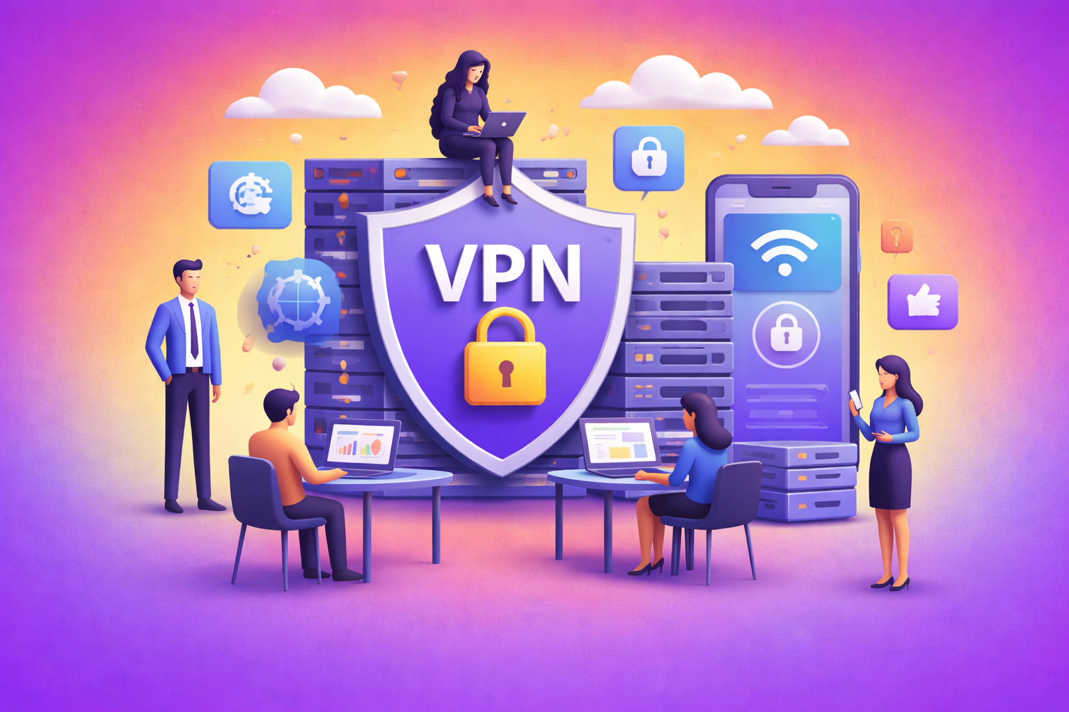 VPN shield with padlock, people using laptops, and server stacks. VPN security.