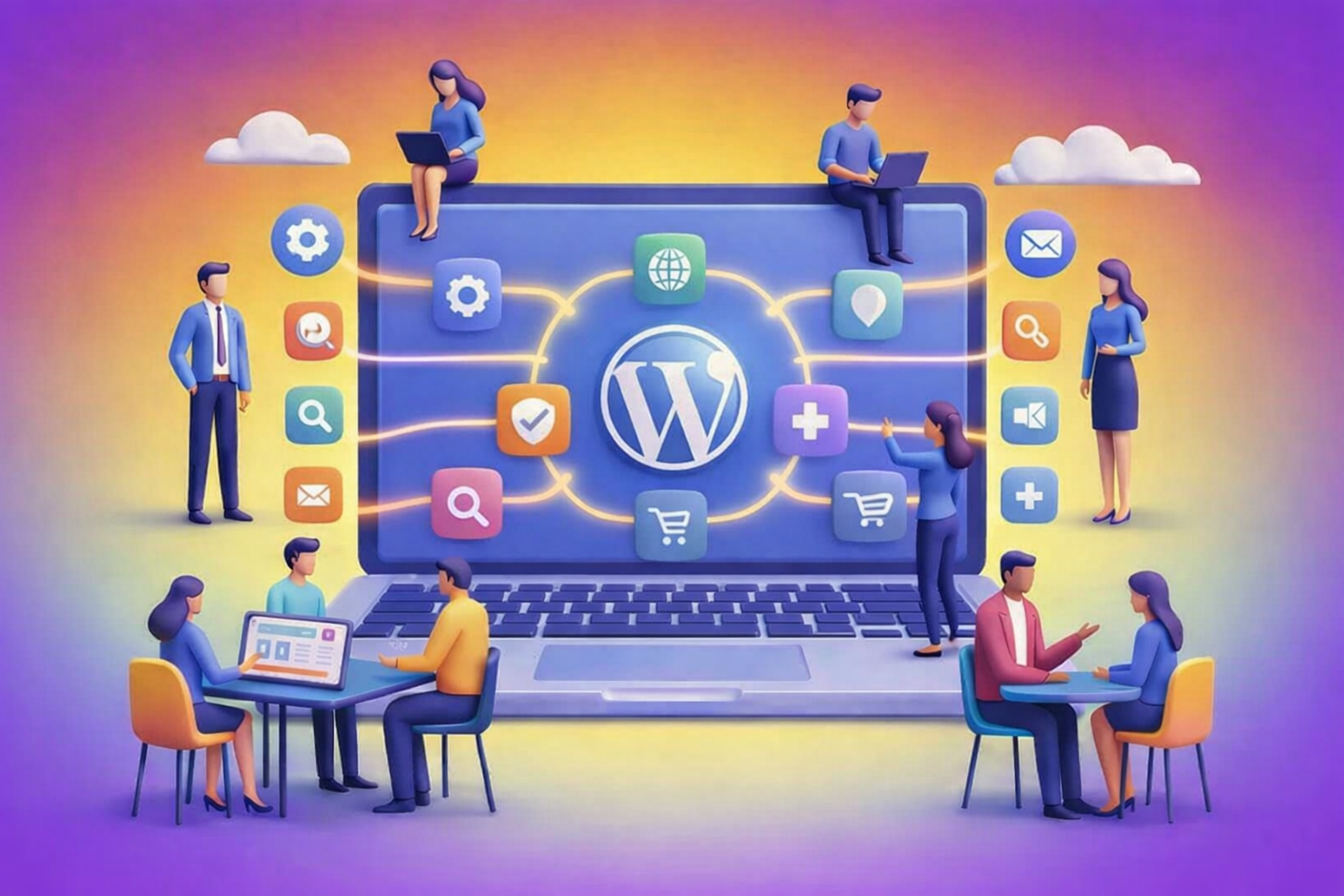WordPress website development with team collaborating on design and functionality.